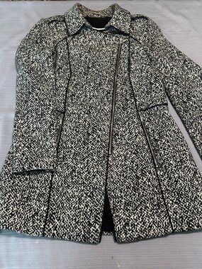 White House Black Market Black & White Tweed Zip-Front Pea Coat